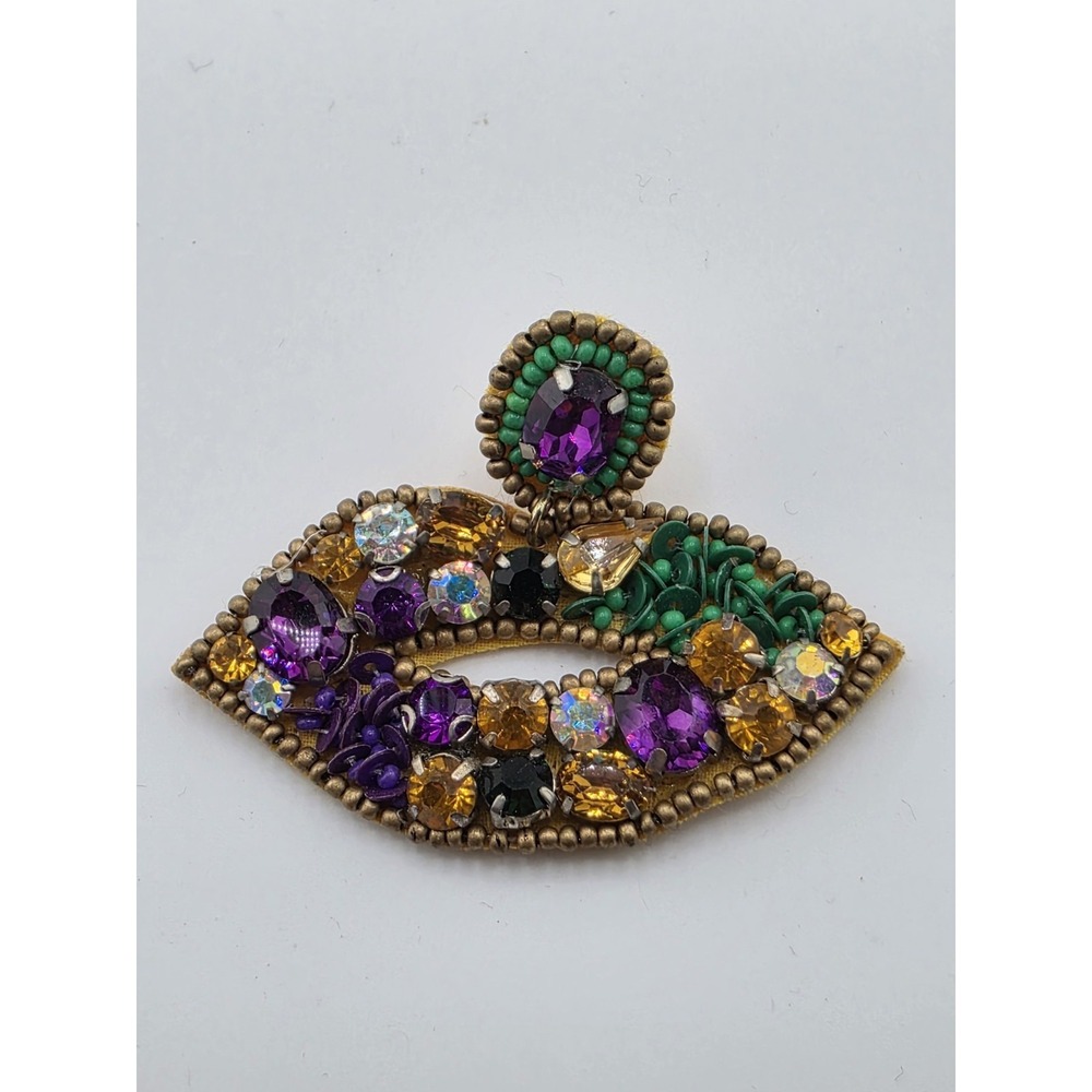 Mardi Gras Beaded Lip Earrings Purple Green Gold Rhinestone Statement‎ 2.5in - Picture 3 of 6
